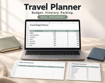 Planificador de viajes minimalista en formato de hoja de cálculo / Rastreador de presupuesto de vacaciones / Planificador de viajes en Excel y Google Sheets