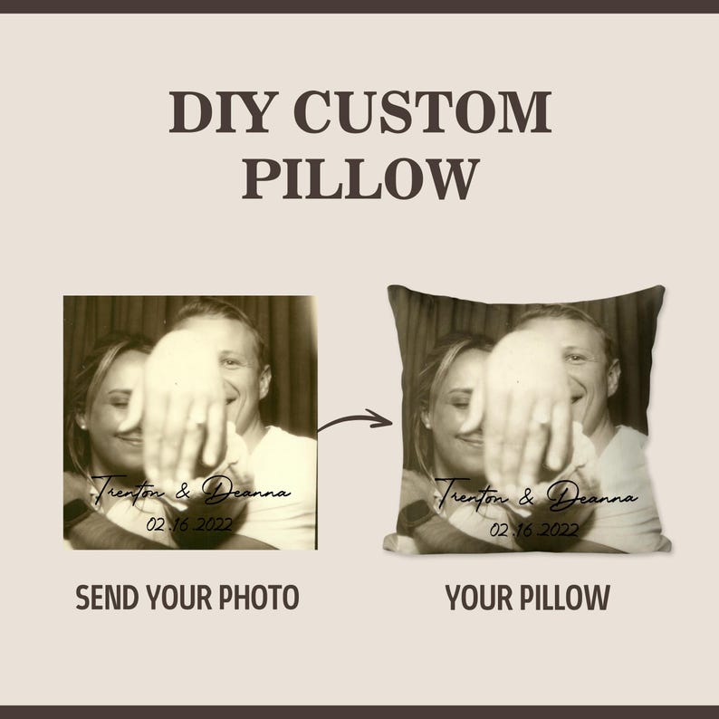 May include: DIY custom pillow with a sepia-toned photo of a couple, with the text "Trenton & Deanna 02.16.2022". The image shows a before and after comparison, with the text "Send Your Photo" and "Your Pillow".