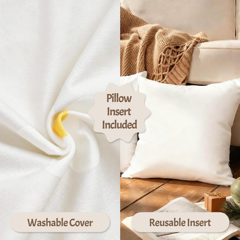 May include: A white pillow with a washable cover and a reusable insert. The image shows a close-up of the pillow's fabric, a pillow on a wooden surface, and text that reads "Pillow Insert Included". A tan blanket is draped over a beige sofa.