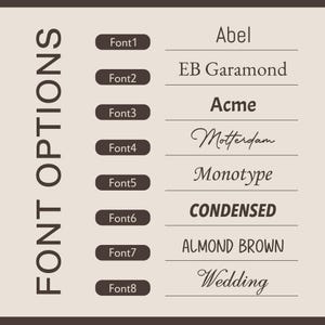 May include: A beige graphic displaying font options. The text "FONT OPTIONS" is vertically aligned on the left. Eight font styles are listed, including "Abel", "EB Garamond", "Acme", "Motterdam", "Monotype", "CONDENSED", "ALMOND BROWN", and "Wedding".