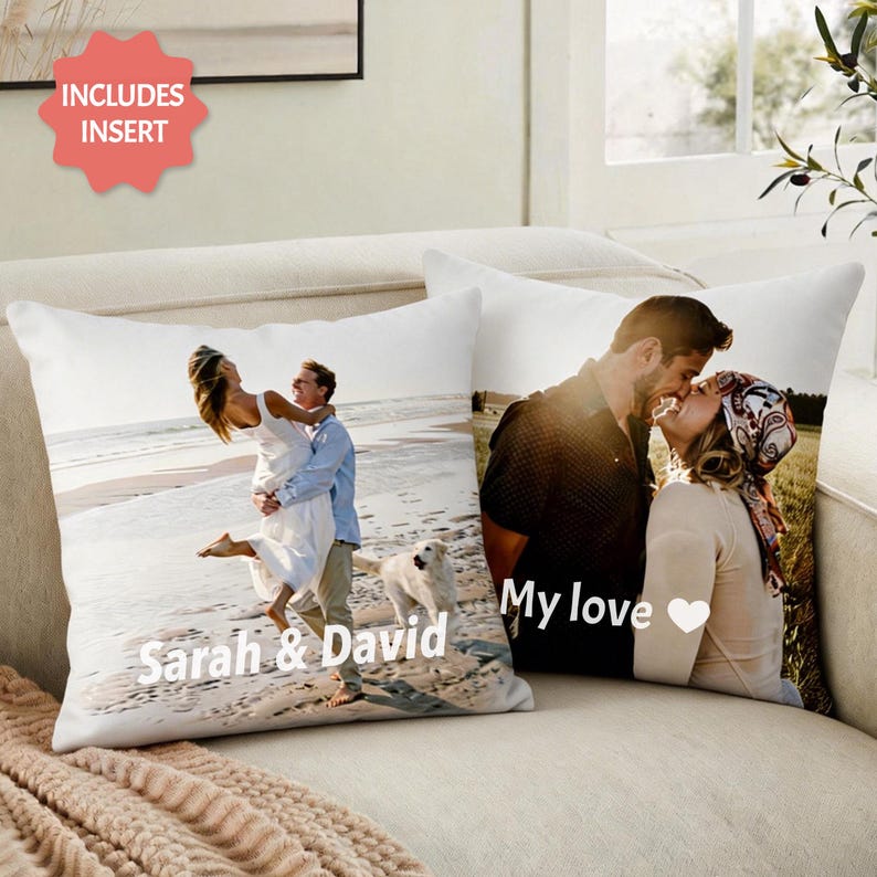 May include: Two white throw pillows with custom photos. One pillow features a couple on a beach with the text "Sarah & David." The other pillow shows a couple kissing with the text "My love" and a heart symbol.