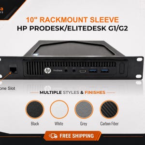 May include: A black 10-inch rackmount sleeve for HP ProDesk and EliteDesk G1/G2 computers. The front panel features an optional keystone slot, HP branding, and multiple ports. Four color finish options are shown: black, white, grey, and carbon fiber.