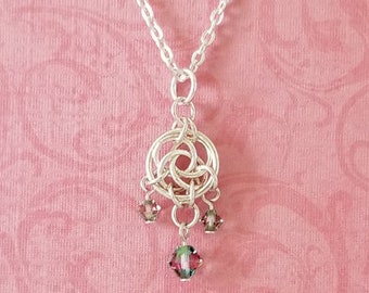 Silver-Plated Copper Celtic Circles Chainmaille Chandelier Pendant with Swarovski Crystals