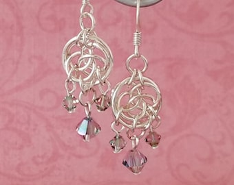 Silver-Plated Copper Celtic Circles Chainmaille Chandelier Earrings with Swarovski Crystals