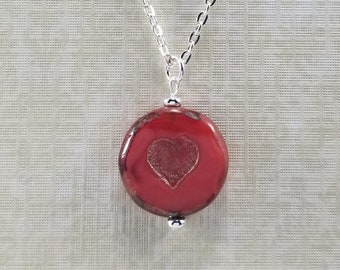 Czech Glass Heart and Silver Plate Pendant