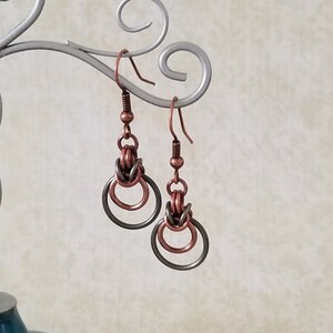 Antique Copper and Gunmetal Enameled Copper Byzantine Ripple Chainmaille Earrings image 1