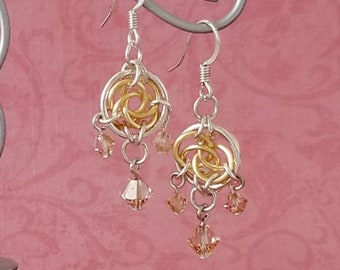 Silver-Plated and Satin Gold Enameled Copper Celtic Circles Chainmaille Chandelier Earrings with Swarovski Crystals