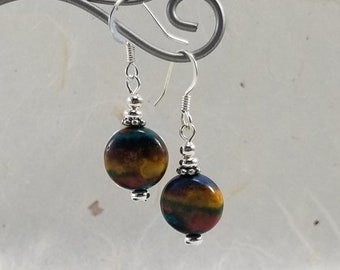 Rainbow Stone & Silver Plate Drop Earrings