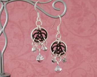 Silver-Plated and Gunmetal Enameled Copper Celtic Circles Chainmaille Chandelier Earrings with Swarovski Crystals