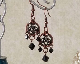 Antique Copper and Gunmetal Enameled Copper Celtic Circles Chainmaille Chandelier Earrings with Swarovski Crystals