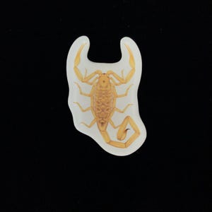 Puede incluir: Un diseño de escorpión amarillo sobre un fondo blanco de forma irregular. El escorpión está detallado con patas, pinzas y una cola curvada visibles. El fondo tiene una calidad translúcida, sobre un fondo negro.
