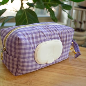 Mini Baby Diaper and Wipe Quilted Bag - Single Zipper - Handmade - Purple Gingham