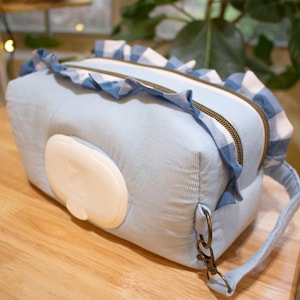 Double Zipper Baby Diaper and Wipe Pouch - Handmade Dual Compartment with Ruffles - Baby Blue Corduroy