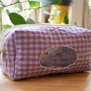 Double Zipper Baby Diaper and Wipe Pouch - Quilted Handmade Dual Compartment - Purple Gingham