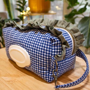 Double Zipper Baby Diaper and Wipe Pouch - Quilted Handmade Dual Compartment With Ruffles - Blueberry Gingham