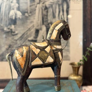 Vintage Brass & Bone Inlay Horse Figurine – 7” x 8”