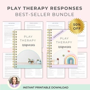 May include: Two spiral-bound booklets titled Play Therapy Responses, one standard and one advanced, displayed with several loose pages of text. The covers feature pastel illustrations of toys and a rainbow. A gold starburst graphic reads 50% OFF.