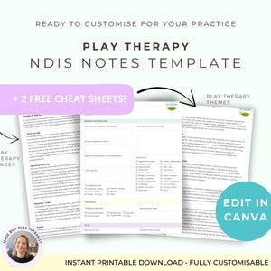 Op de afbeelding: Een afdrukbare sjabloon voor speltherapie-notities, met de tekst "PLAY THERAPY NDIS NOTES TEMPLATE" en "+ 2 FREE CHEAT SHEETS!". Het ontwerp bevat bewerkbare secties en de optie om te bewerken in Canva. De afbeelding bevat ook de tekst "READY TO CUSTOMISE FOR YOUR PRACTICE".