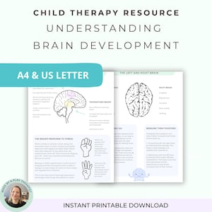 Puede incluir: Un recurso imprimible de terapia infantil titulado "Comprendiendo el desarrollo del cerebro". El documento presenta ilustraciones del cerebro, diagramas y texto que explica la función cerebral y la respuesta al estrés. El texto incluye "A4 & US LETTER" y "Instant Printable Download."