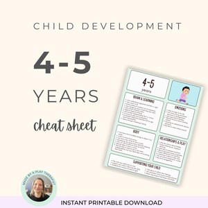 May include: A printable child development cheat sheet for ages 4-5. The sheet includes sections on brain and learning, body, emotions, relationships and play, and supporting your child. The text is in black on a white background.