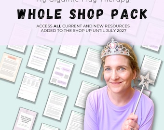 May include: A digital resource bundle titled My Gigantic Play Therapy WHOLE SHOP PACK, featuring over 80 templates, forms, cheat sheets, and handouts. The graphic includes text stating access to all resources until July 2027 and a person wearing a tiara.