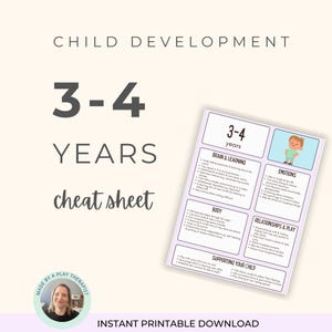 Puede incluir: Una "Hoja de trucos de desarrollo infantil" imprimible para niños de 3 a 4 años. La hoja incluye secciones sobre cerebro y aprendizaje, emociones, cuerpo, relaciones y juego, y apoyo a su hijo. La imagen también incluye el texto "Descarga imprimible instantánea".