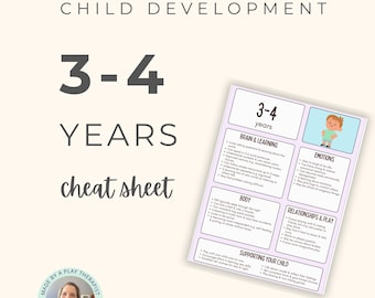 Può includere: Una scheda di riferimento sullo sviluppo infantile per bambini di 3-4 anni con sezioni su cervello e apprendimento, emozioni, corpo, relazioni e gioco, e supporto al bambino, che include testo, elenchi puntati e un'illustrazione di un bambino.