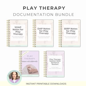 May include: A bundle of printable play therapy documentation notebooks. The notebooks have gold spiral bindings and feature titles like "SOAP Notes," "DAP Notes," and "BIRP Notes." The covers are light-colored with text. The image also includes the text "Play Therapy Documentation Bundle."