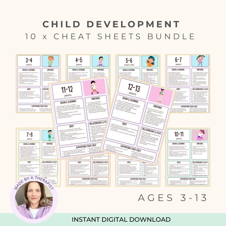 Child Development Ages 3-13 Cheat Sheet Bundle: Play Therapy Resource ...