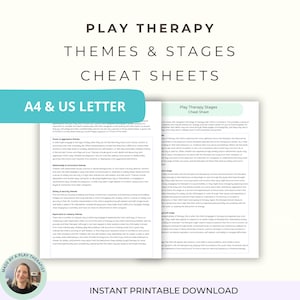 May include: A digital download titled "Play Therapy Themes & Stages Cheat Sheets." The image features open pages with text, a teal banner that says "A4 & US LETTER," and a photo of a woman. The text includes "Play Therapy Stages Cheat Sheet" and "Instant Printable Download."