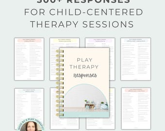 Può includere: Un quaderno a spirale intitolato Play Therapy Responses con una copertina beige chiaro e un grafico ad arco blu. È circondato da sei pagine di testo stampato intitolate Play Therapy Prompts, con l'intestazione 300+ Responses for Child-Centered Therapy Sessions.