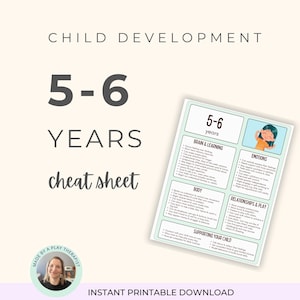 Puede incluir: Una hoja de trucos imprimible para el desarrollo infantil, centrada en niños de 5 a 6 años. La hoja incluye secciones sobre cerebro y aprendizaje, emociones, cuerpo, relaciones, juego y apoyo a su hijo. El diseño es claro.