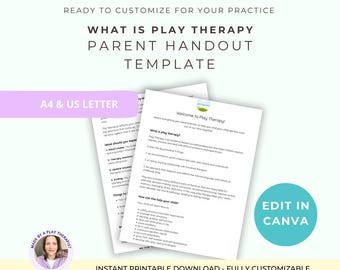 Può includere: Un modello stampabile di opuscolo per genitori sulla terapia del gioco con testo nero su carta bianca. Il documento include sezioni intitolate Welcome to Play Therapy, What is play therapy e How can this help your child.