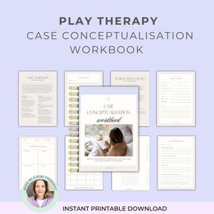 Può includere: Un set di quaderni stampabili per la terapia del gioco, tra cui un "Case Conceptualisation Workbook". L'immagine presenta il testo "Play Therapy", "Case Conceptualisation Workbook" e "Instant Printable Download". I quaderni hanno una rilegatura a spirale.