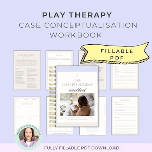 Può includere: Un quaderno di lavoro intitolato "Play Therapy Case Conceptualisation Workbook" con rilegatura a spirale, circondato da diverse pagine PDF compilabili. La copertina presenta una donna che scrive. Il testo "Fillable PDF" è in un banner giallo.