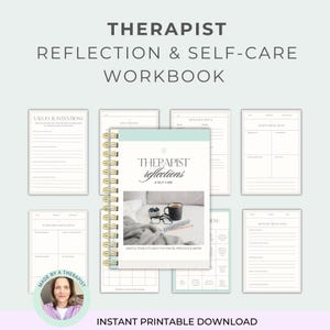 Puede incluir: Un cuaderno de trabajo titulado "Therapist Reflection & Self-Care Workbook" con encuadernación en espiral. La portada presenta el texto "Therapist Reflections & Self-Care" y una imagen de una taza de café, gafas y un cuaderno. El cuaderno incluye páginas para la reflexión y el autocuidado.