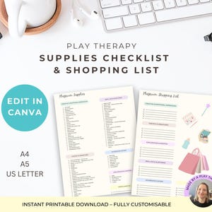 May include: A printable play therapy supplies checklist and shopping list. The design includes a teal circle with the text "Edit in Canva", and the paper sizes A4, A5, and US Letter. The text "Play Therapy Supplies Checklist & Shopping List" is at the top.