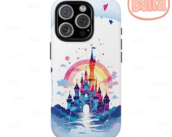 May include: A white phone case featuring a colorful castle design with a rainbow and clouds. The castle has a pink, blue, and purple color scheme. The word "Bella" is in a pink circle in the upper right corner.