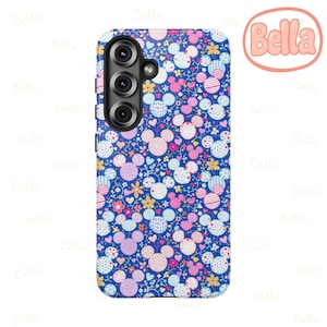Blue Floral Mickey Balloons Disney Stained Glass Effect Phone Case, Magsafe Tough Case, Disney Phone Case for iPhone Samsung Google Pixel