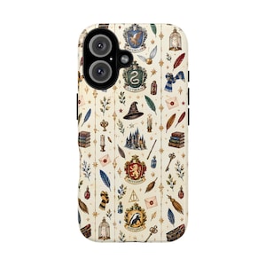 May include: A cream-colored phone case featuring a repeating pattern of magical icons including the four house crests labeled Ravenclaw, Slytherin, Gryffindor, and Hufflepuff, along with wands, owls in cages, books, quills, letters, and golden snitches.