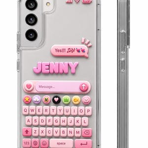 May include: Clear phone case with a pink text message design. The case features a pink keyboard, the name "JENNY" in pink letters, and a speech bubble that says "Yes!!!" with musical notes. The case also has a battery indicator.