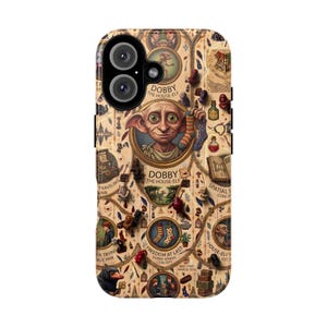 May include: A beige smartphone case featuring a collage of Dobby the house-elf, socks, potions, and books. The design includes text such as Dobby the House-Elf, Freedom at Last, and Dobby Atmos Concept, with various small magical icons and illustrations.