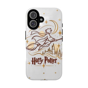 May include: A white smartphone case featuring a brown line art illustration of a figure flying on a broomstick above a castle silhouette. The design includes gold stars, a crescent moon, and the text Harry Potter in a dark brown serif font.