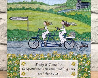Mrs and Mrs Wedding Card: Illustrated Lesbian Couple on Tandem Bike