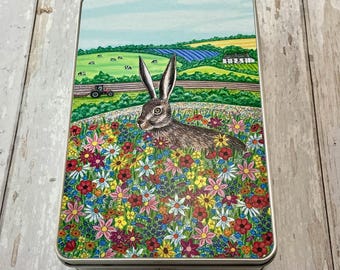 Fun biscuit tin gift, Cotswolds lunchbox, quality treats box featuring hare in wildflowers, stylish and whimsical sweets tin made in UK