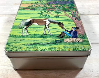 Horse lovers biscuit tin, horse owners tin, horse lovers gift, horse treats tin, tin with horse and owner on, horse groom gift, horse tin