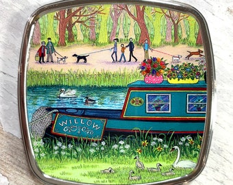 Fun canal boat compact mirror, canal boat compact mirror, fun canal art mirror, gift for canal boat lover, gift for canal boat owner