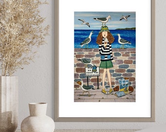 Seagull art print, fun seagull print, seaside art print, seagull wall art, Cornwall art print, sea themed art print, seaside wall art