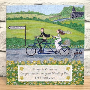 Wedding greetings card, Happy couple card, bride and groom on tandem card, married couple on bike card, congratulations on your wedding card