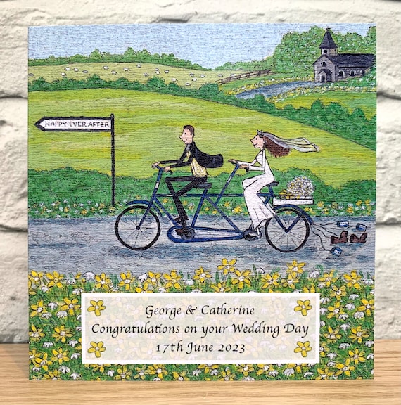 Wedding greetings card, Happy couple card, bride and groom on tandem card, married couple on bike card, congratulations on your wedding card